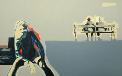 Na ławce II, 2021 r. olej, akryl na płótnie, 75 x 120 cm